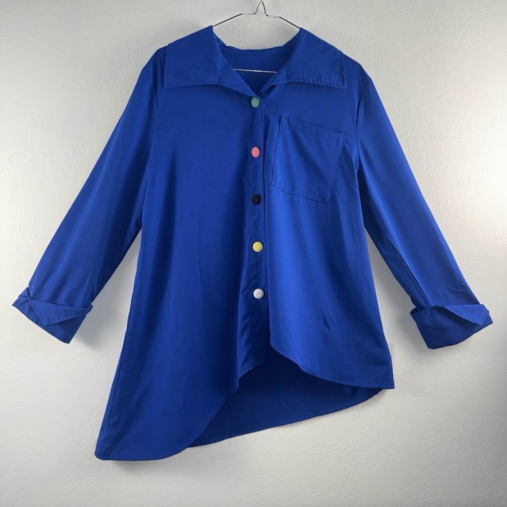 Women's Blue Tunic Blouse Asymmetrical Colorful Decorative Buttons Sz Medium